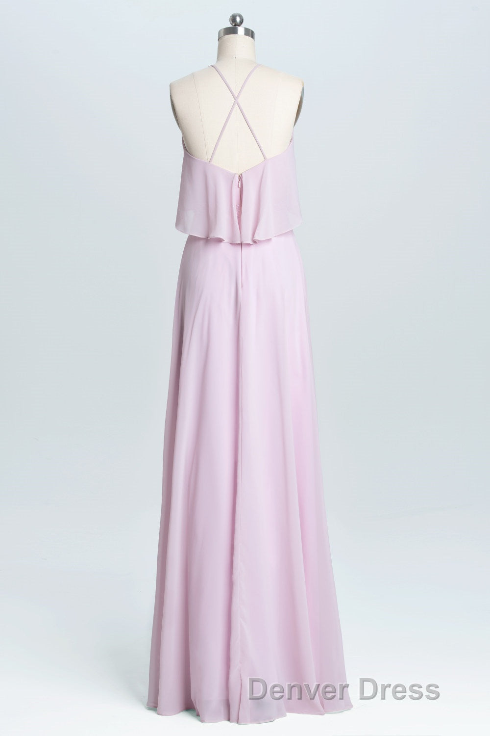 Pink Straps Flounce Chiffon A-line Long Bridesmaid Dresses