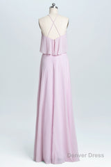 Pink Straps Flounce Chiffon A-line Long Bridesmaid Dress