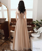 Champagne Sweetheart Tulle Sequin Long Prom Dresses