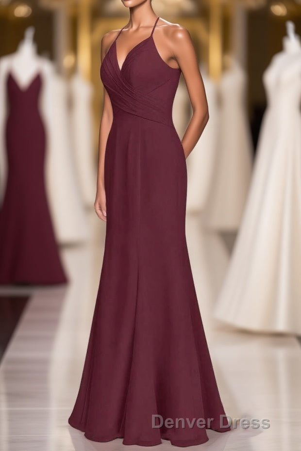 Burgundy Chiffon Cross Back Mermaid Long Bridesmaid Dresses Main image