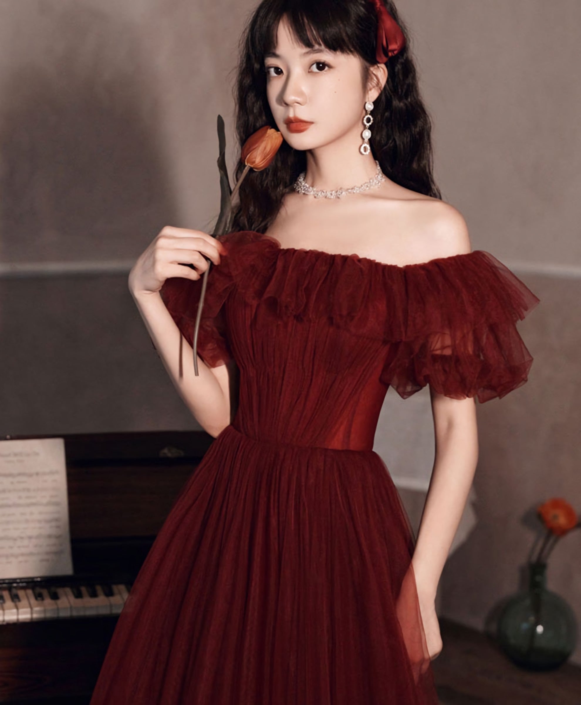 Simple Burgundy Off Shoulder Tulle Long Prom Dress Burgundy Prom Dresses