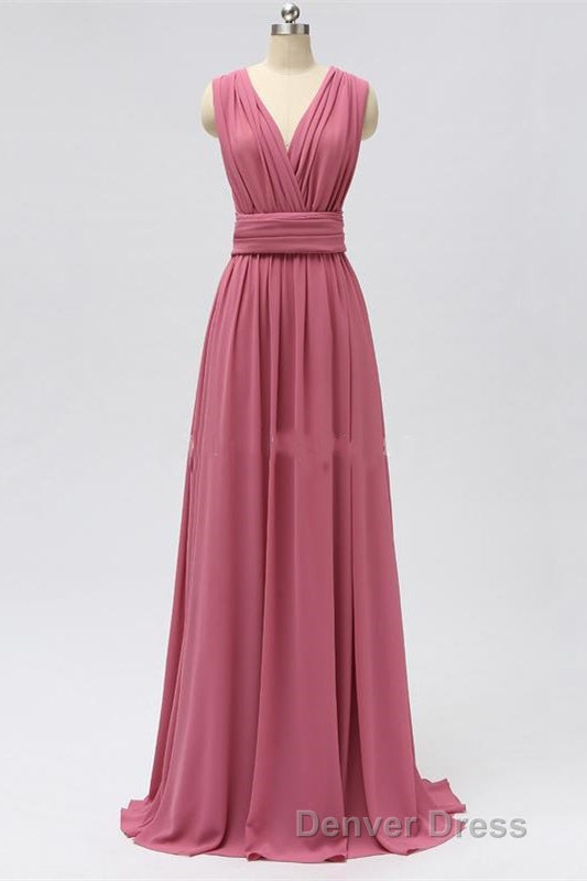 Dusty Rose Chiffon Wrap A Line Long Bridesmaid Dresses