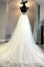 White Tulle Floral Lace Strapless A Line Wedding Dresses