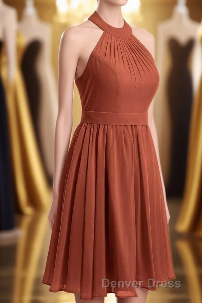 Rust Orange Chiffon Halter Backless A-Line Short Bridesmaid Dresses
