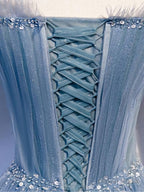 Blue Sweetheart Tulle Sequin Long Prom Dress, Blue Prom Dresses, 1