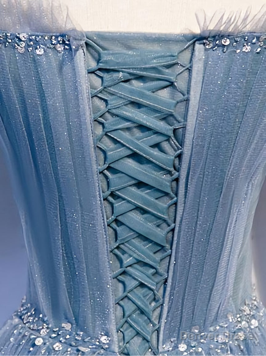 Blue Sweetheart Tulle Sequin Long Prom Dress, Blue Prom Dresses, 1