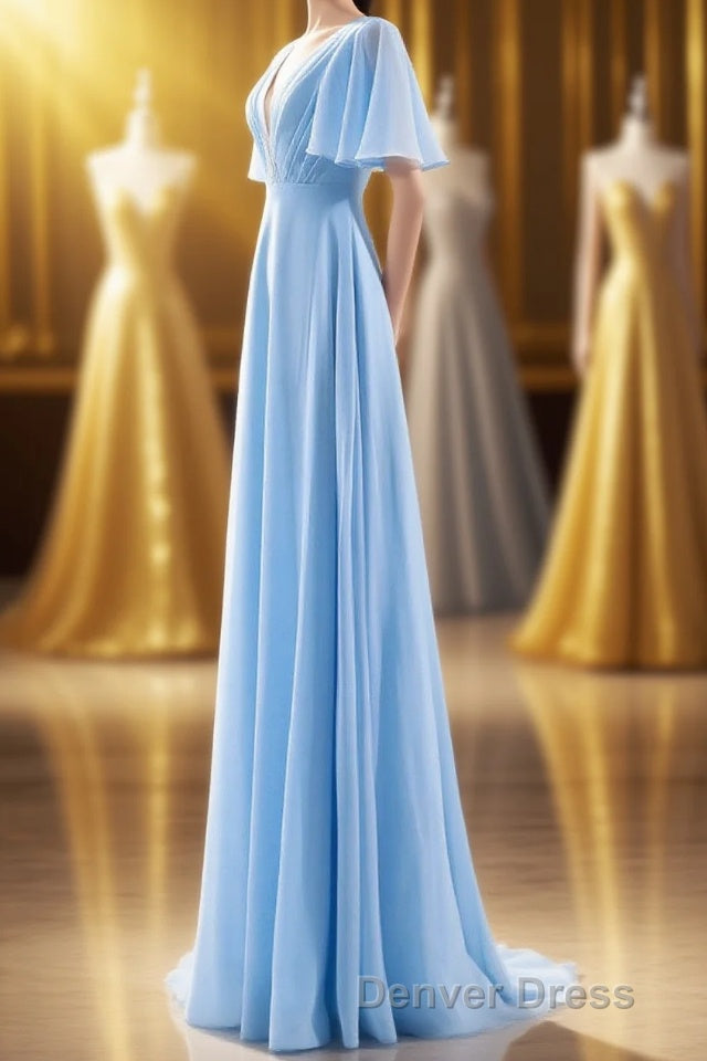 Flutter Sleeves Blue Chiffon A Line Long Bridesmaid Dresses