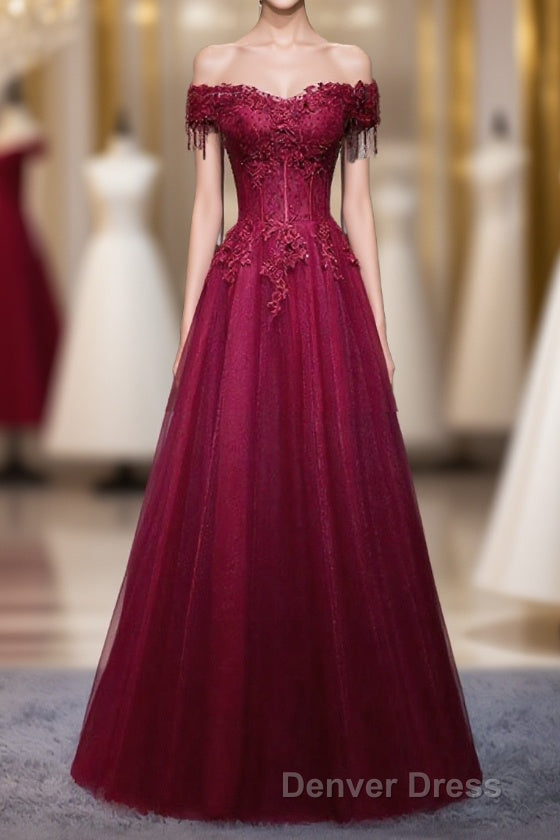 Burgundy Tulle Lace Off Shoulder Long Prom Dress, Burgundy Lace Prom Dresses