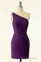 Pink Sequin One Shoulder Backless Short Prom Dresses