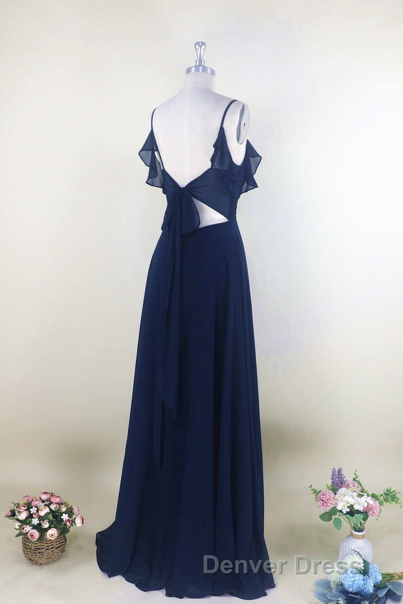 Navy Blue Chiffon Cold Shoulder A Line Long Bridesmaid Dresses