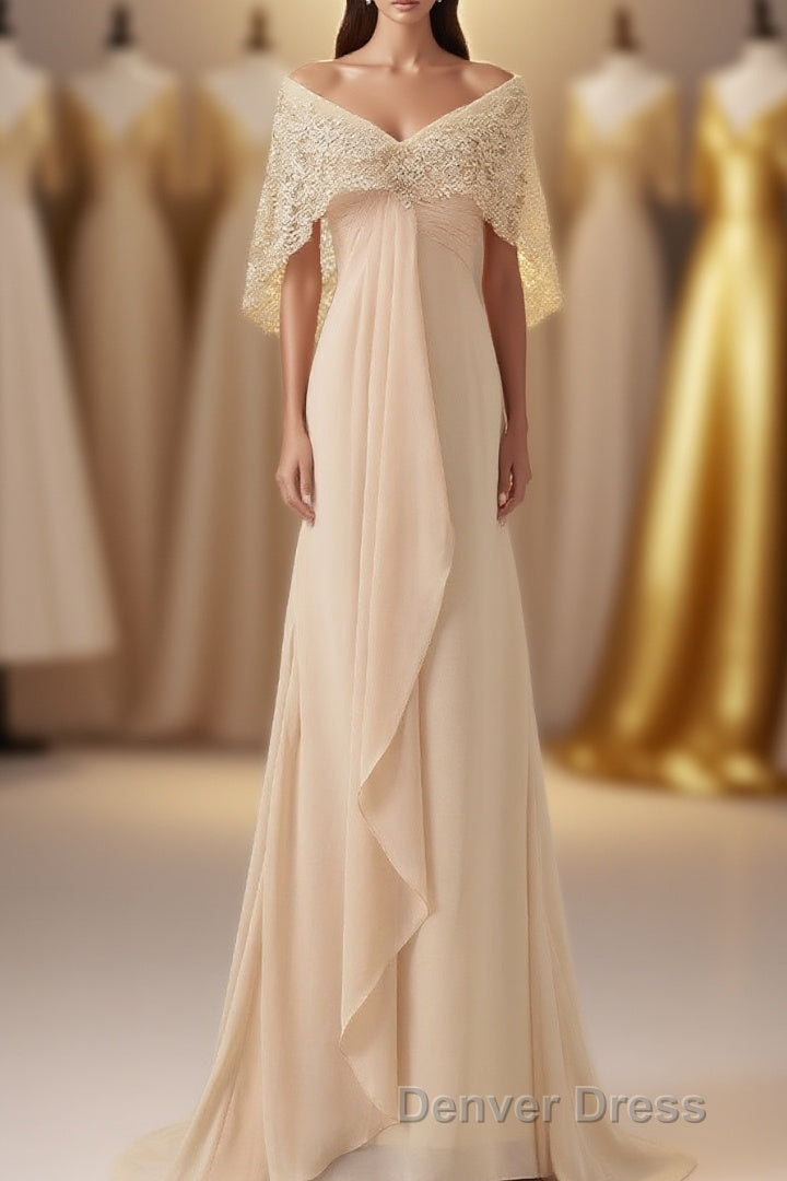 Ruffles Chiffon Long Mother of the Bride Dresses with Lace Cape
