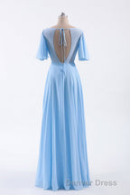 Flutter Sleeves Blue Chiffon A Line Long Bridesmaid Dresses