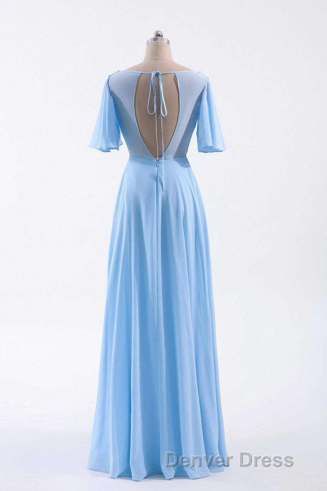 Flutter Sleeves Blue Chiffon A Line Long Bridesmaid Dresses