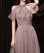 Pink Tulle Lace Sequin Long Prom Dress Pink Prom Dresses