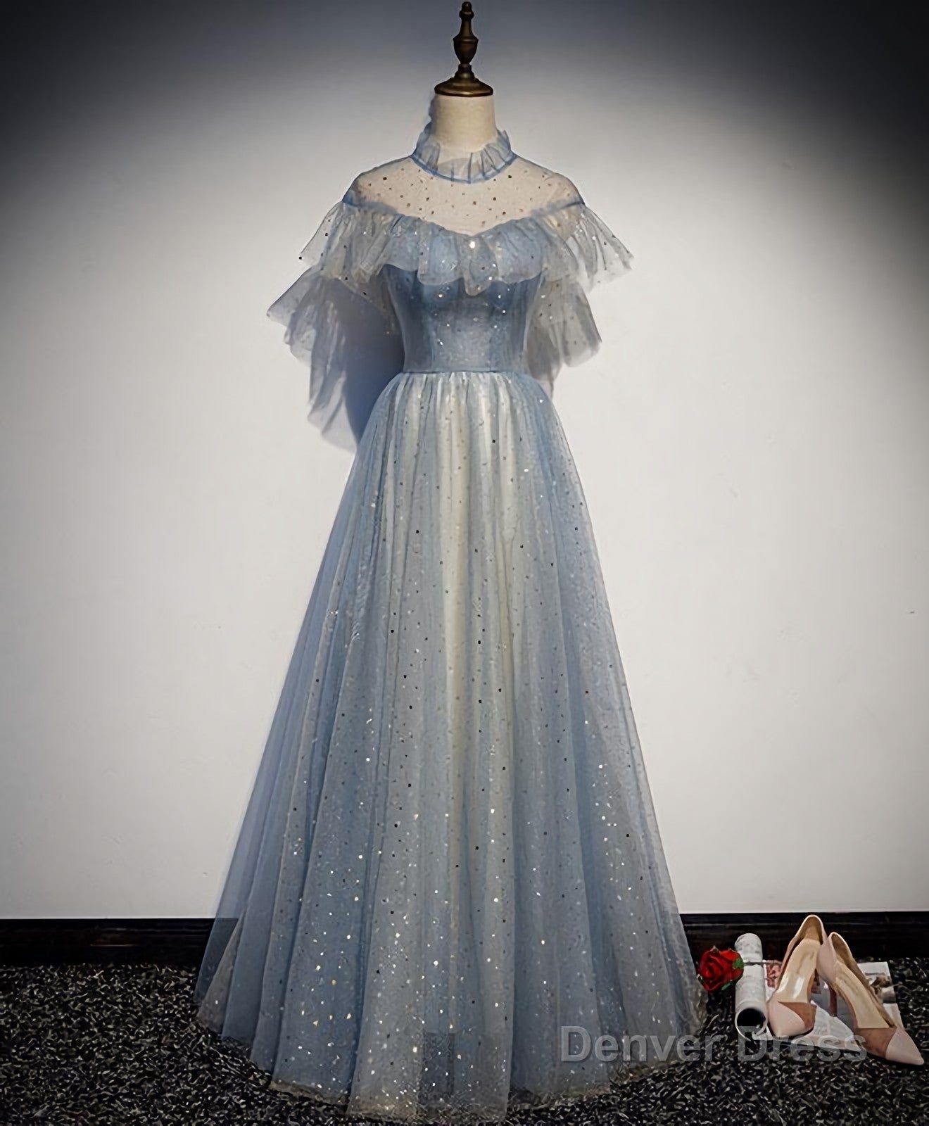 Light Blue Tulle Lace Long Prom Dress, Tulle Prom Dresses