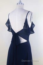 Navy Blue Chiffon Cold Shoulder A Line Long Bridesmaid Dresses