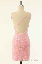 Pink Sequin One Shoulder Backless Short Prom Dresses