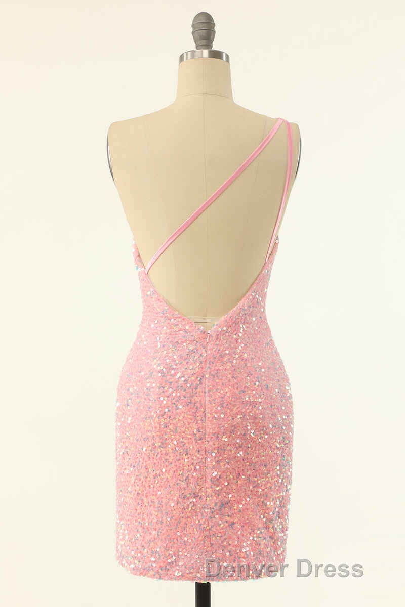 Pink Sequin One Shoulder Backless Short Prom Dresses