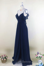 Navy Blue Chiffon Cold Shoulder A Line Long Bridesmaid Dresses