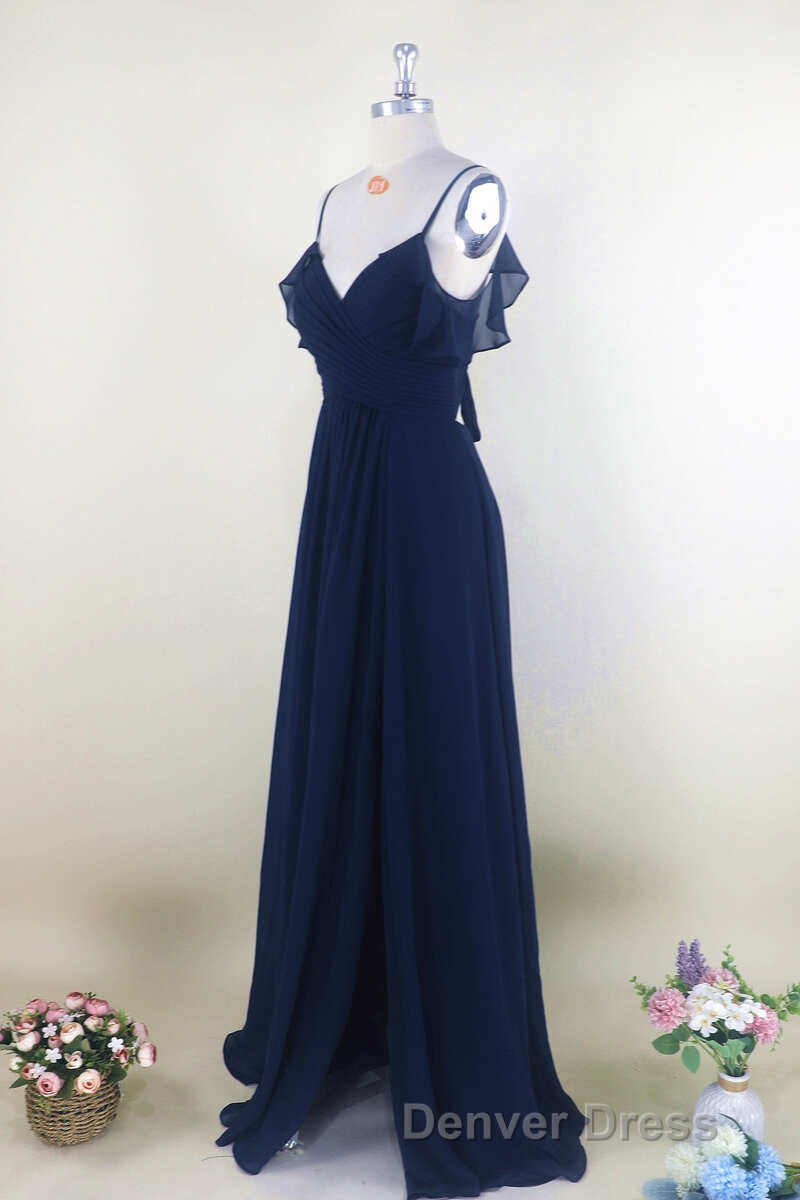 Navy Blue Chiffon Cold Shoulder A Line Long Bridesmaid Dresses