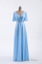 Flutter Sleeves Blue Chiffon A Line Long Bridesmaid Dresses
