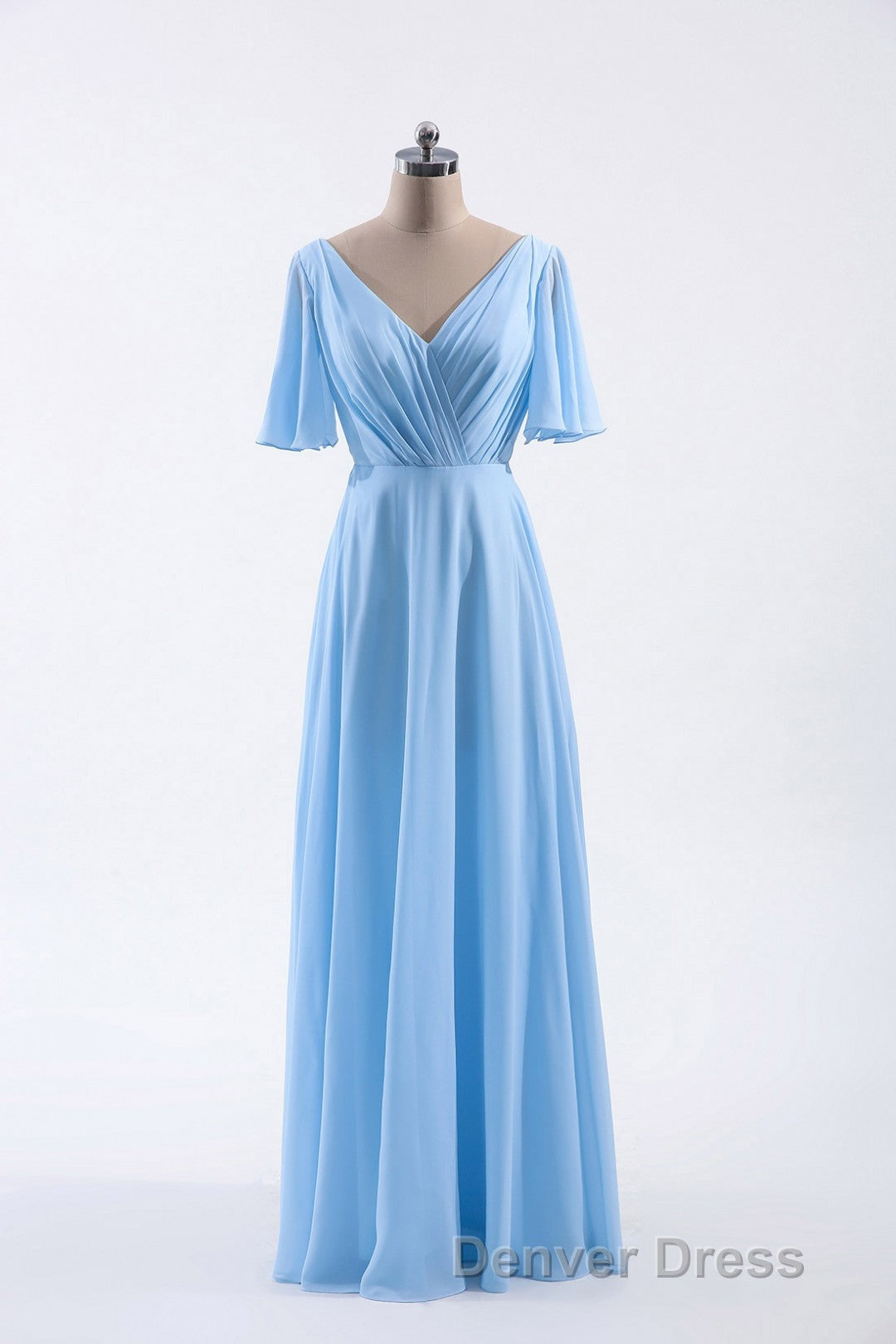 Flutter Sleeves Blue Chiffon A Line Long Bridesmaid Dresses