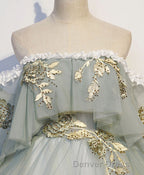 Green Tulle Lace Long Prom Dresses, Green Tulle Sweetheart Dresses