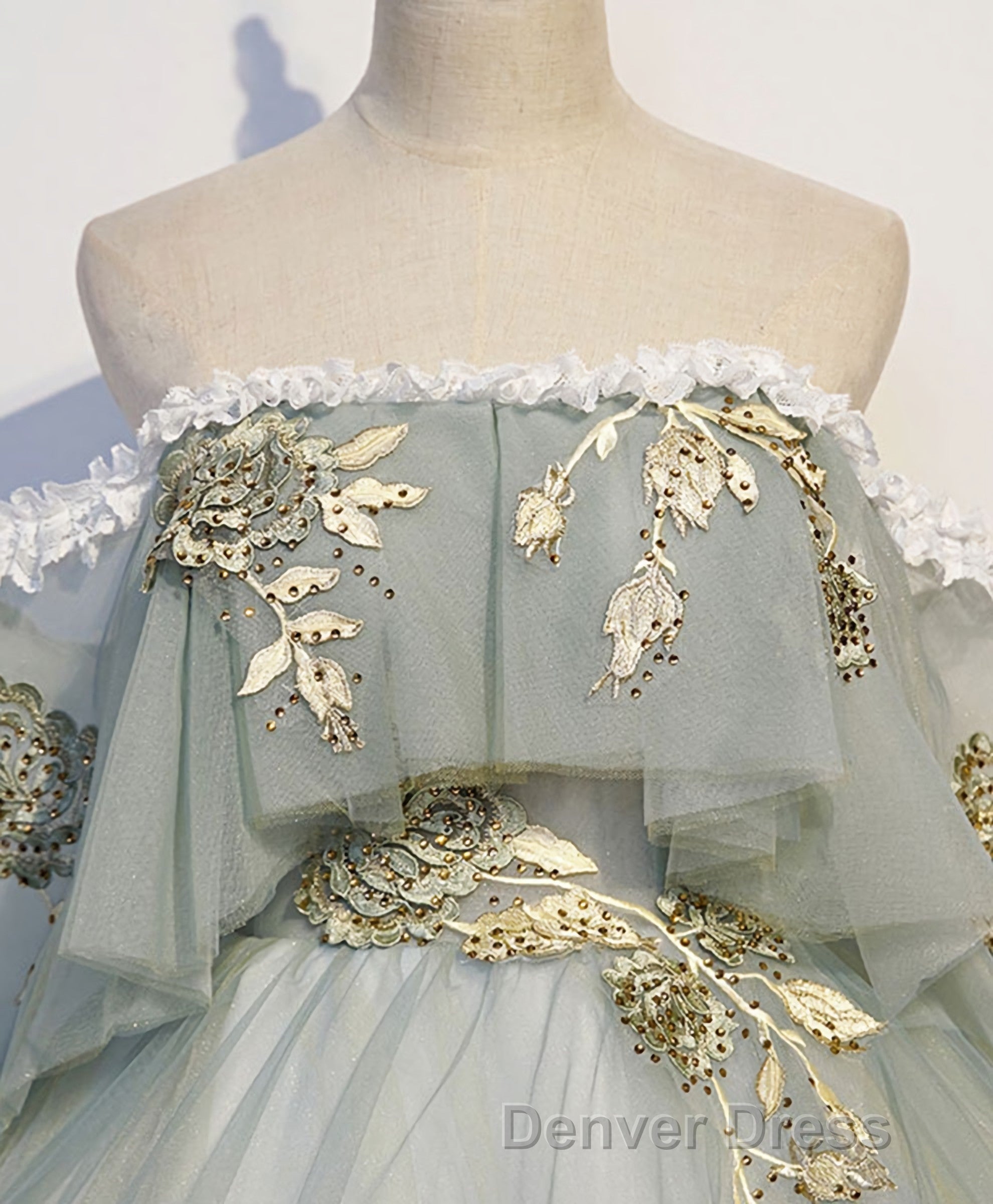 Green Tulle Lace Long Prom Dresses, Green Tulle Sweetheart Dresses