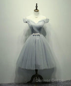 Simple V Neck Tulle Off Shoulder Short Prom Dresses, Pink Homecoming Dresses