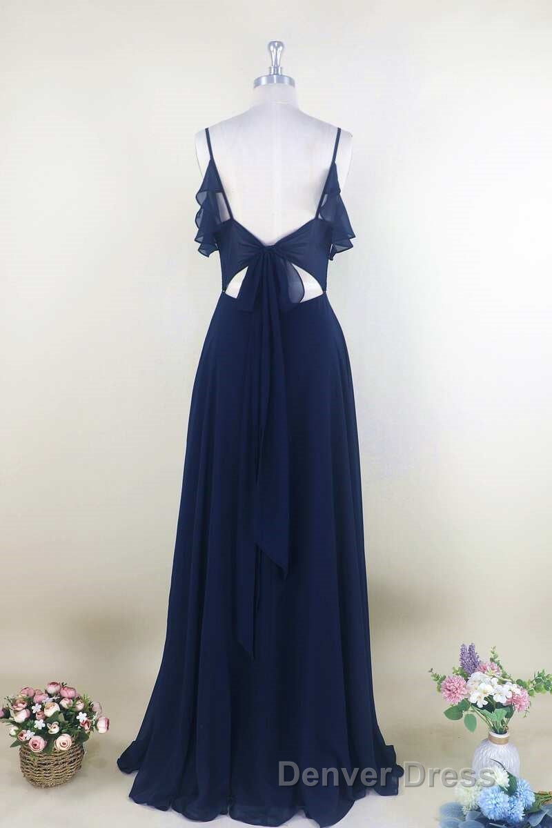 Navy Blue Chiffon Cold Shoulder A Line Long Bridesmaid Dresses