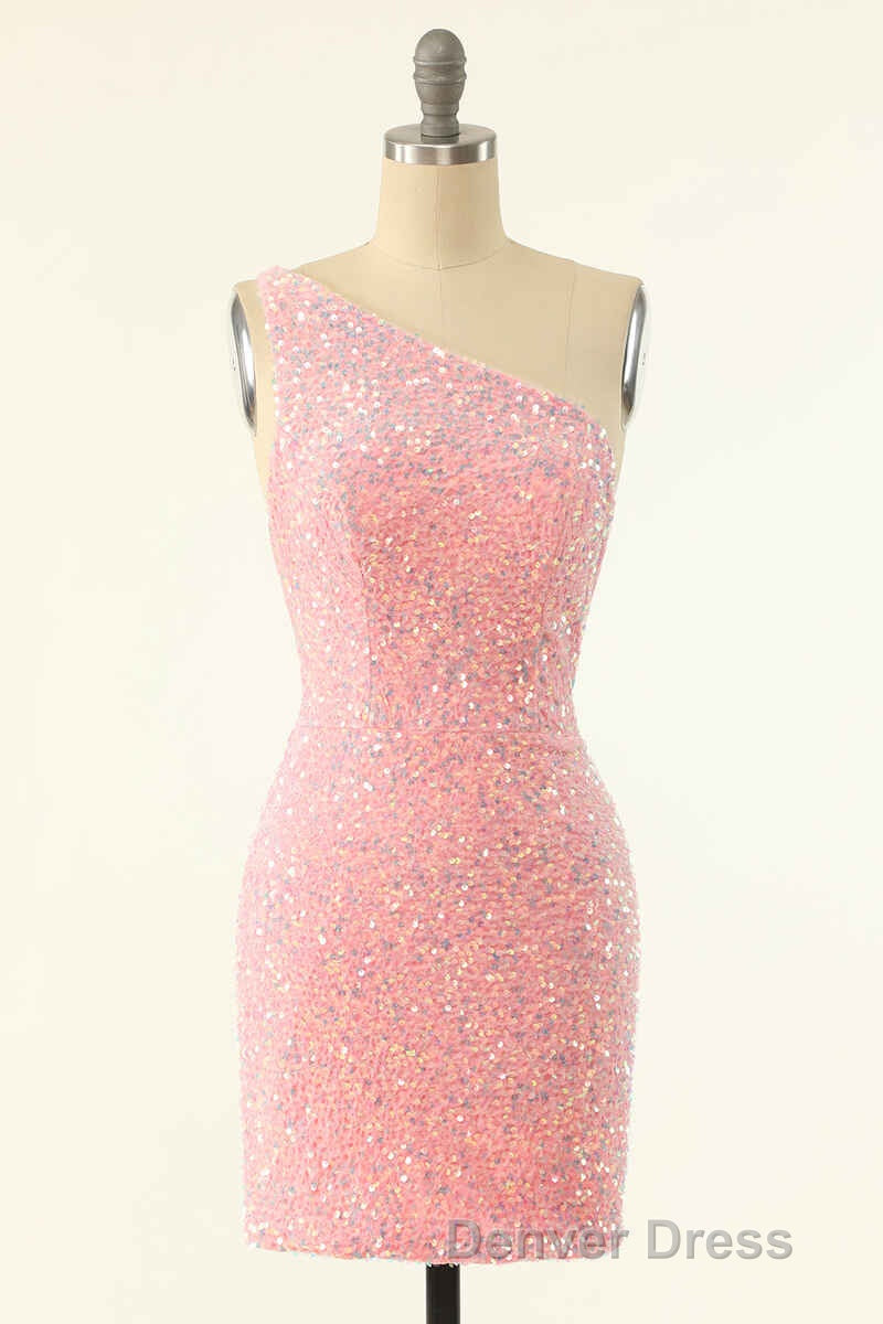 Pink Sequin One Shoulder Backless Short Prom Dresses