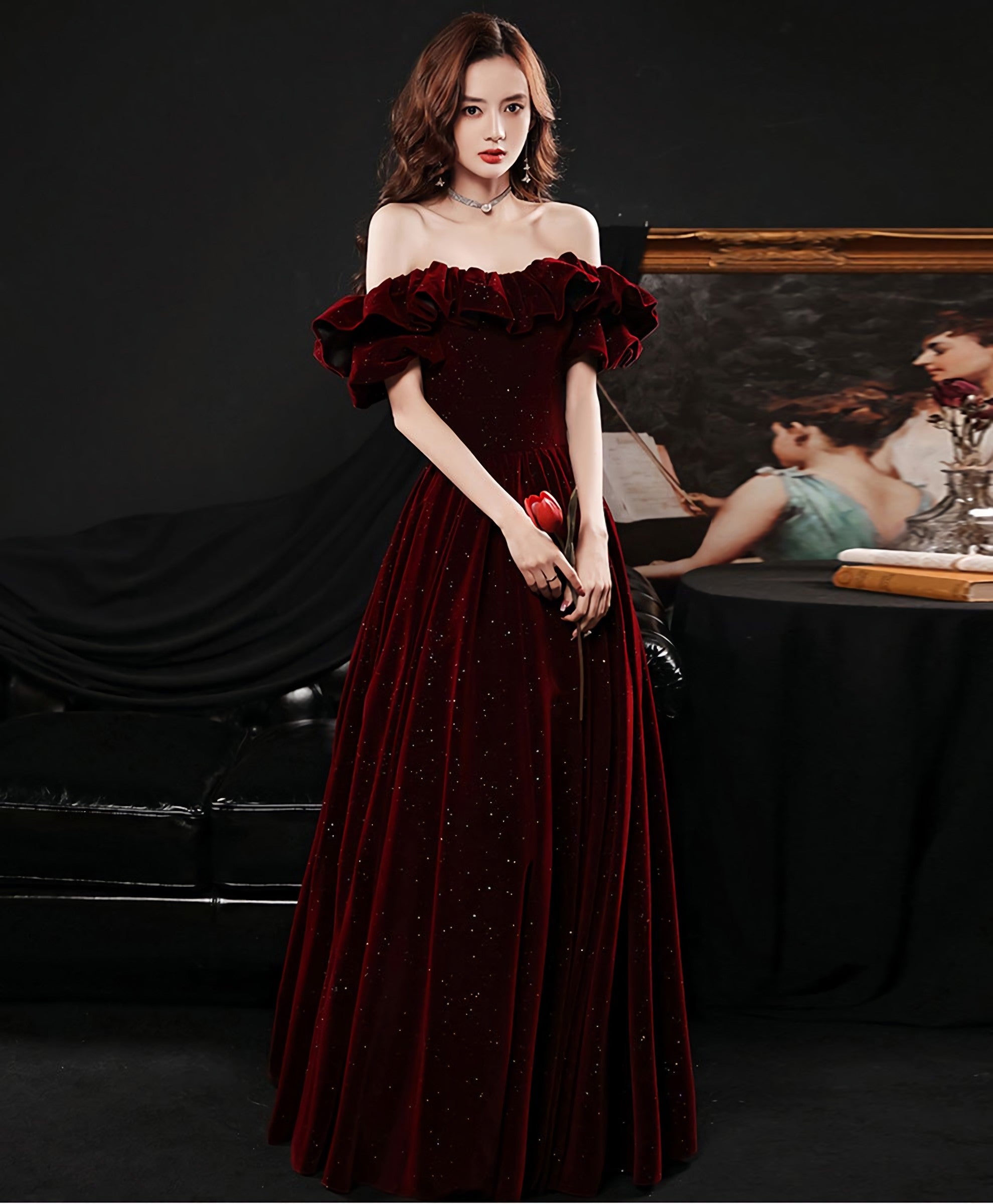 Simple Burgundy Velvet Long Prom Dress Burgundy Bridesmaid Dresses Secondary image