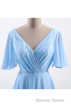 Flutter Sleeves Blue Chiffon A Line Long Bridesmaid Dresses