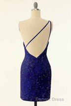 Pink Sequin One Shoulder Backless Short Prom Dresses