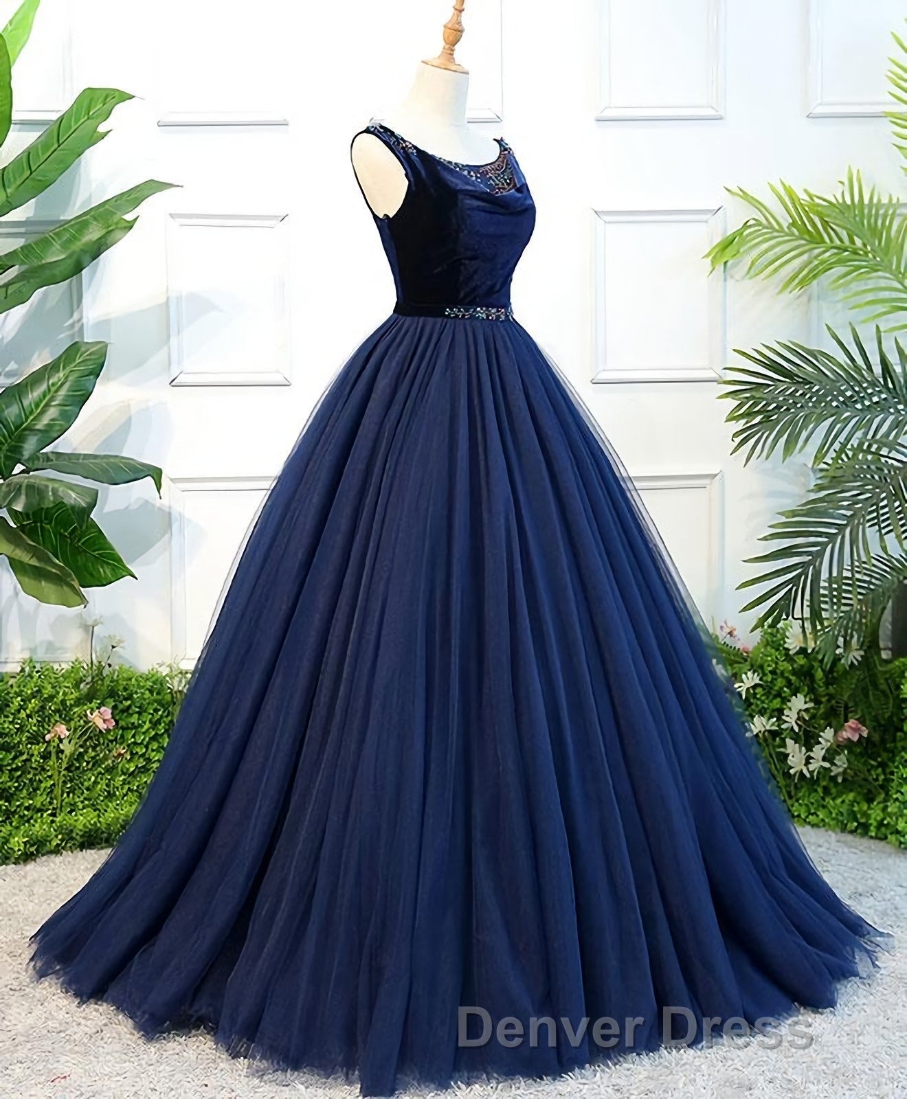 Dark Blue Tulle Long Prom Dresses, Dark Blue Tulle Evening Dresses