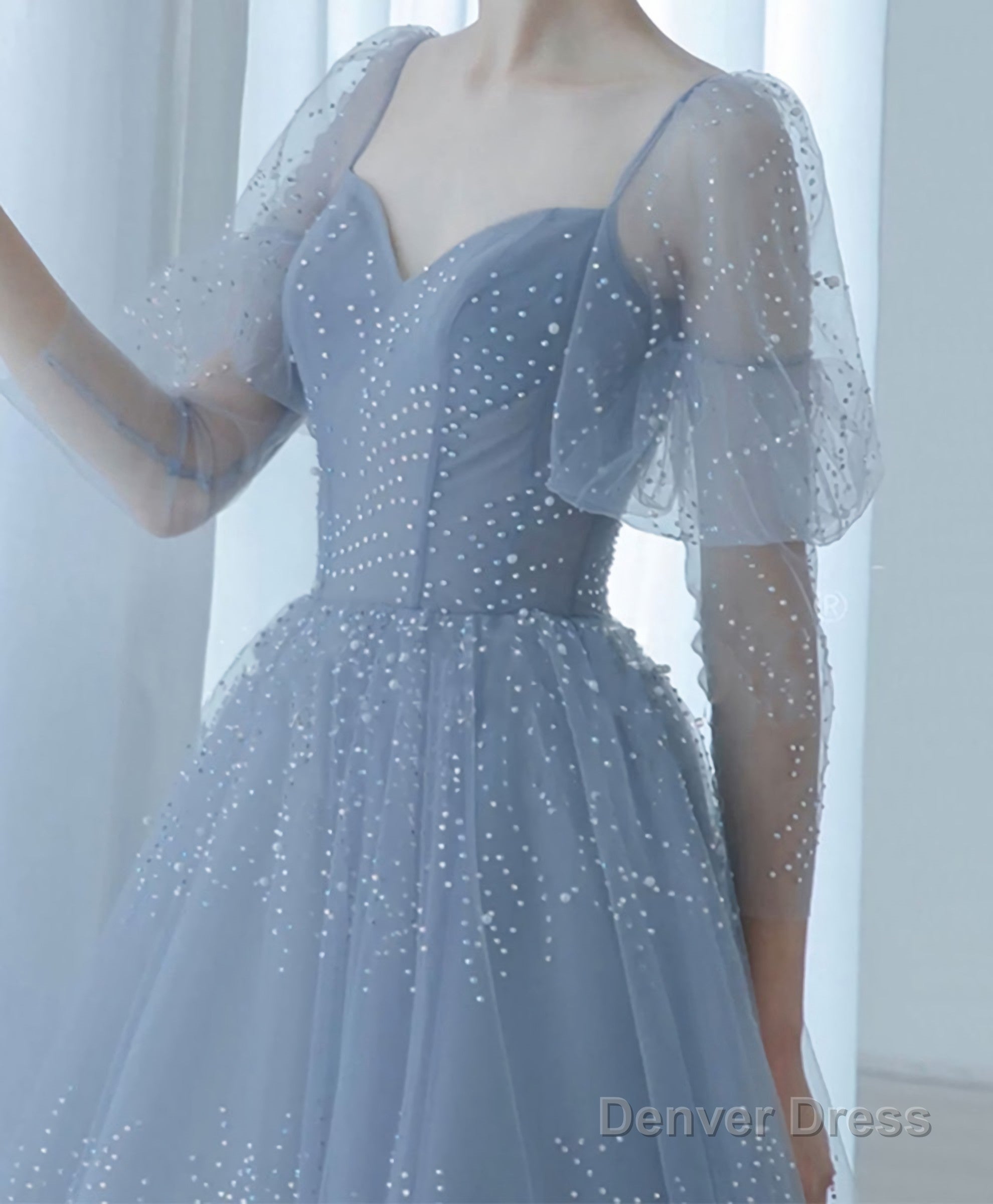 Blue V Neck Tulle Sequin Long Prom Dress, Blue Tulle Formal Dress, 1 Secondary image
