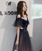 Blue Sweetheart Tulle Off Shoulder Long Prom Dress, Blue Prom Dresses