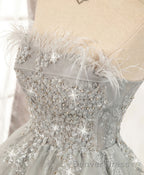 Gray Sweetheart Lace Tulle Short Prom Dress, Gray Cocktail Dresses