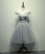 Simple V Neck Tulle Off Shoulder Short Prom Dress, Pink Homecoming Dresses