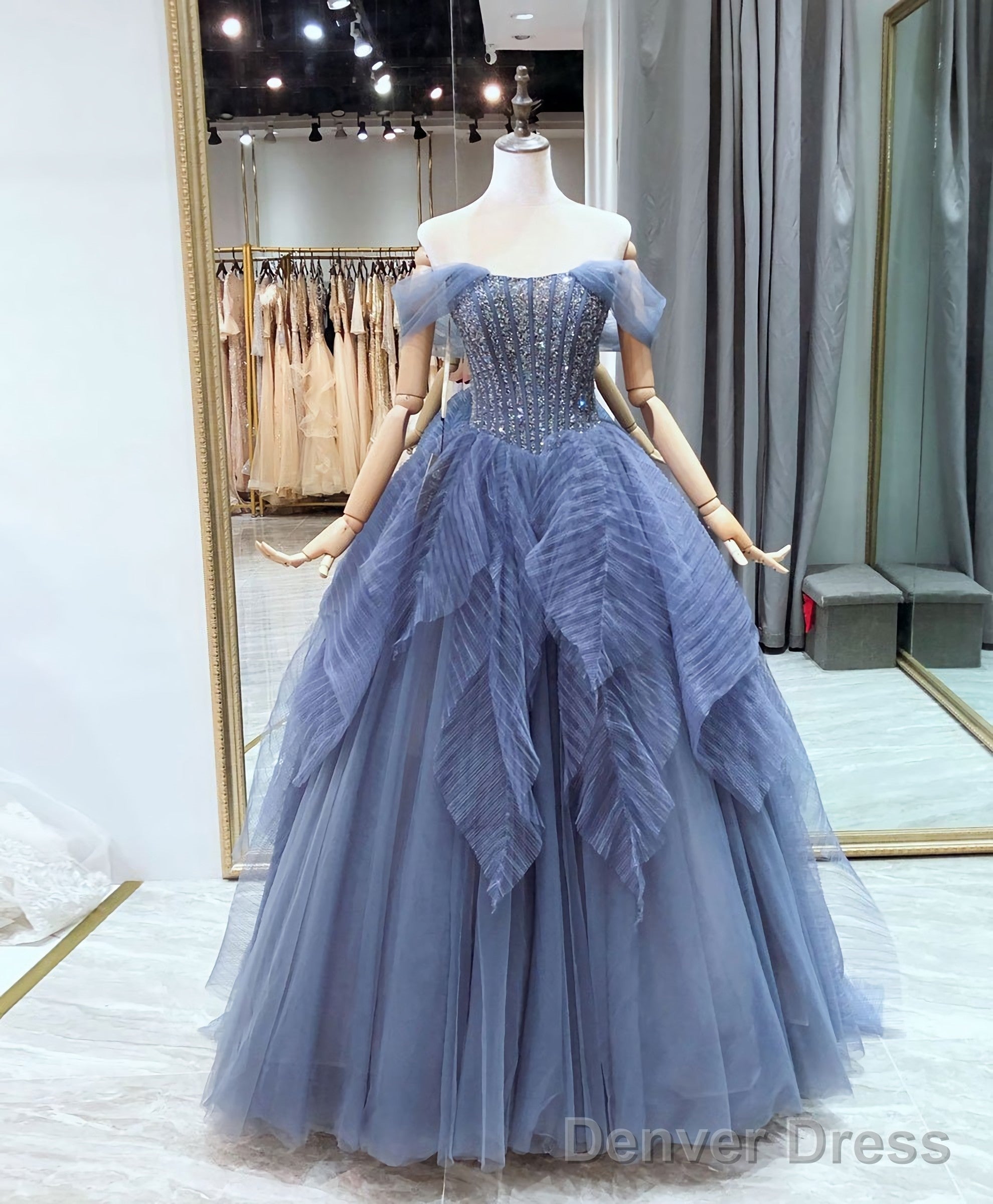 Blue Sweetheart Neck Tulle Beads Sequin Long Prom Dresses