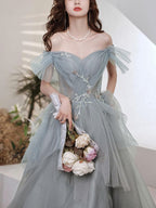 Gray Blue Sweetheart Neck Tulle Long Prom Dress Gray Prom Dresses