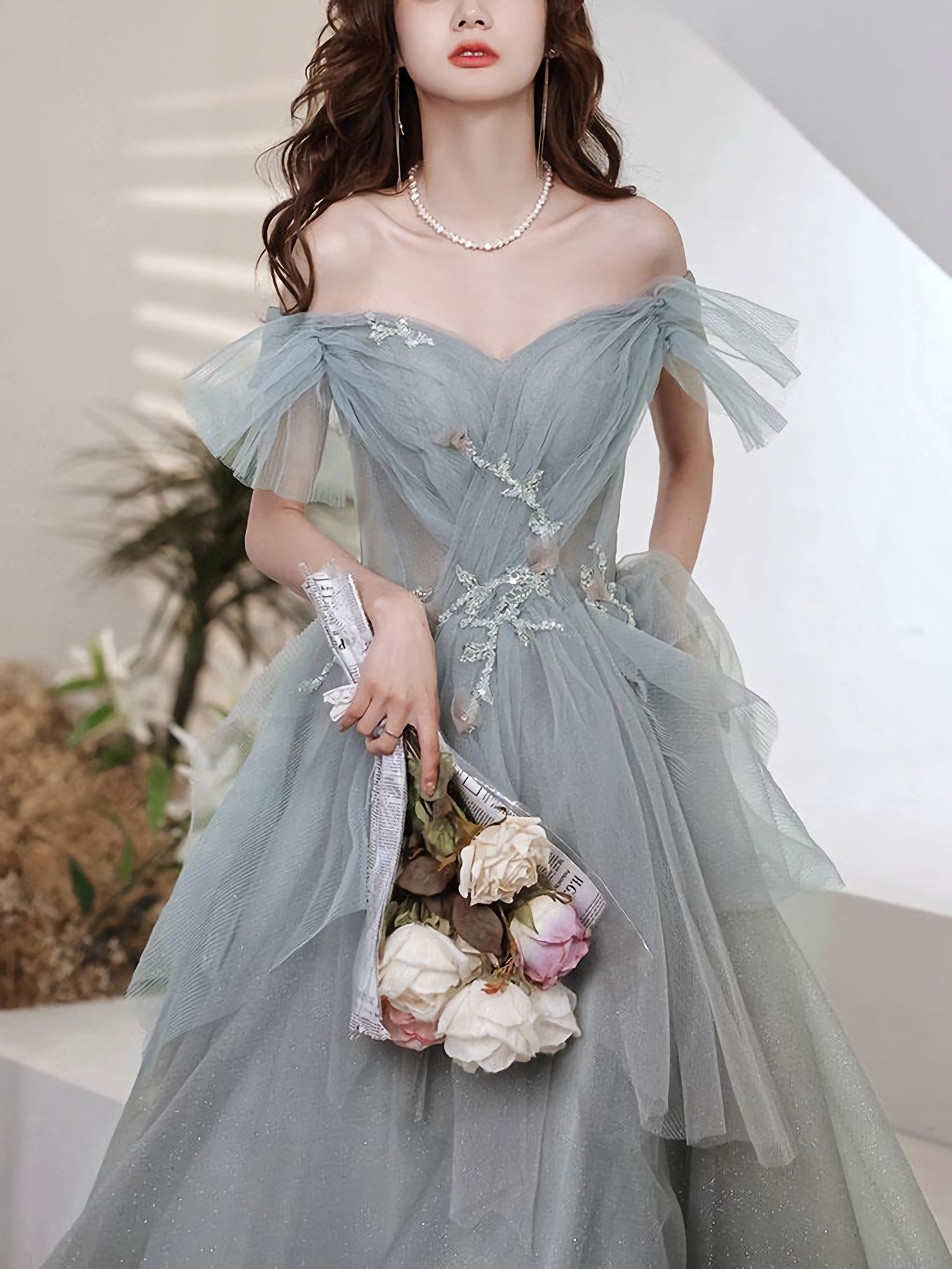 Gray Blue Sweetheart Neck Tulle Long Prom Dress Gray Prom Dresses