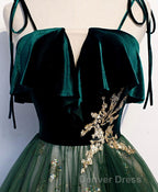 Green Tulle Lace Long Prom Dresses, Green Tulle Lace Formal Dresses, 1