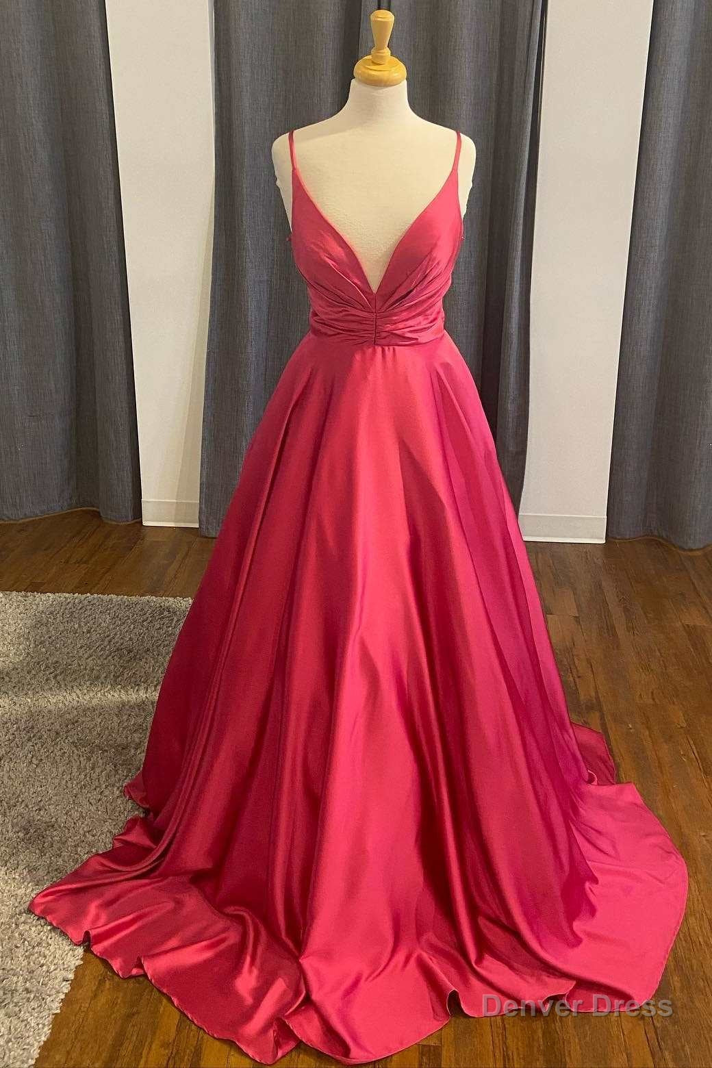 A Line Red Satin Plunge Neck Long Prom Dresses