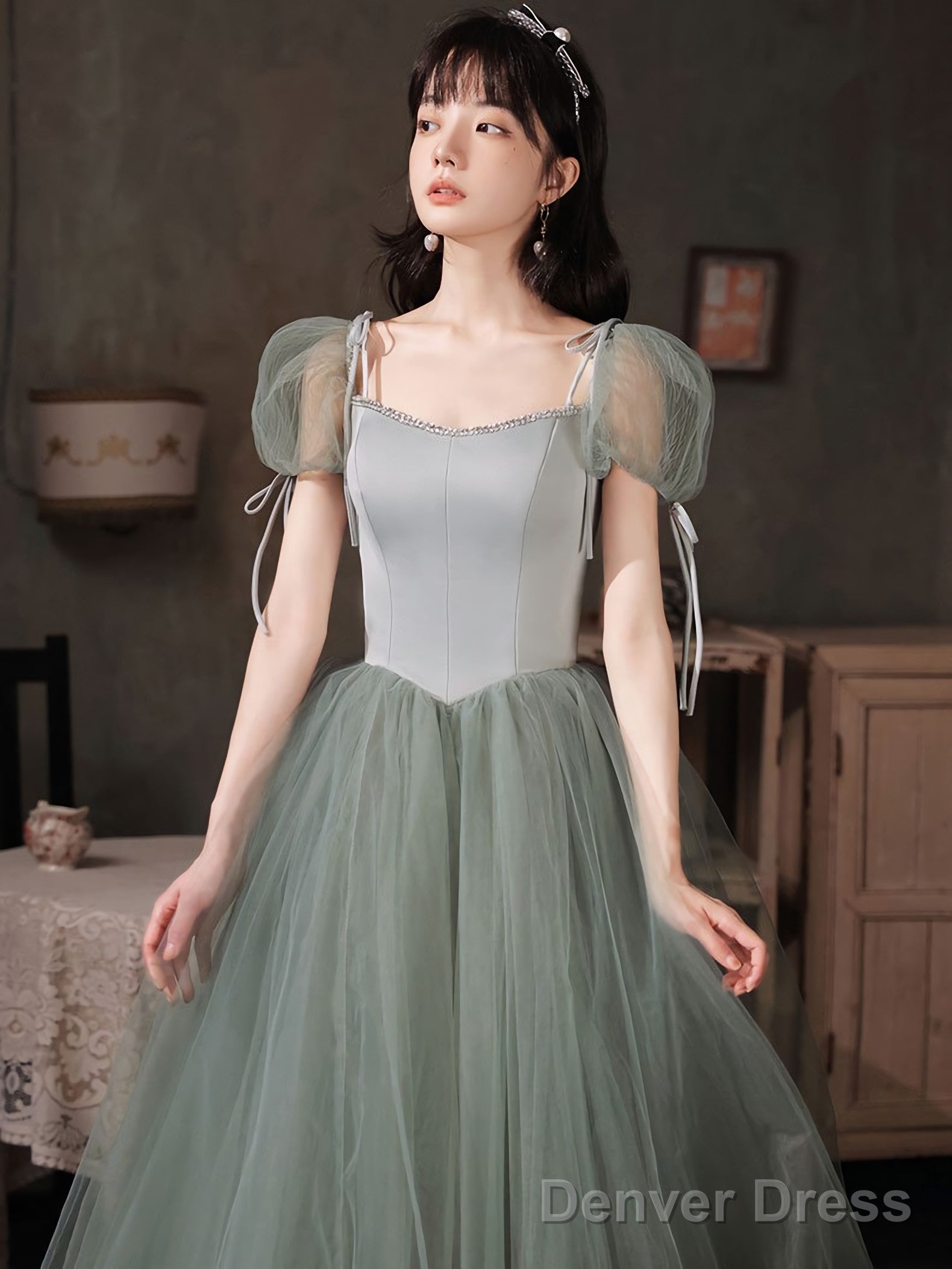 Gray Green Tulle Long Prom Dress Green Tulle Prom Dresses