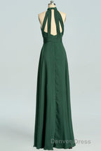 Halter Hunter Green Chiffon A Line Long Bridesmaid Dresses