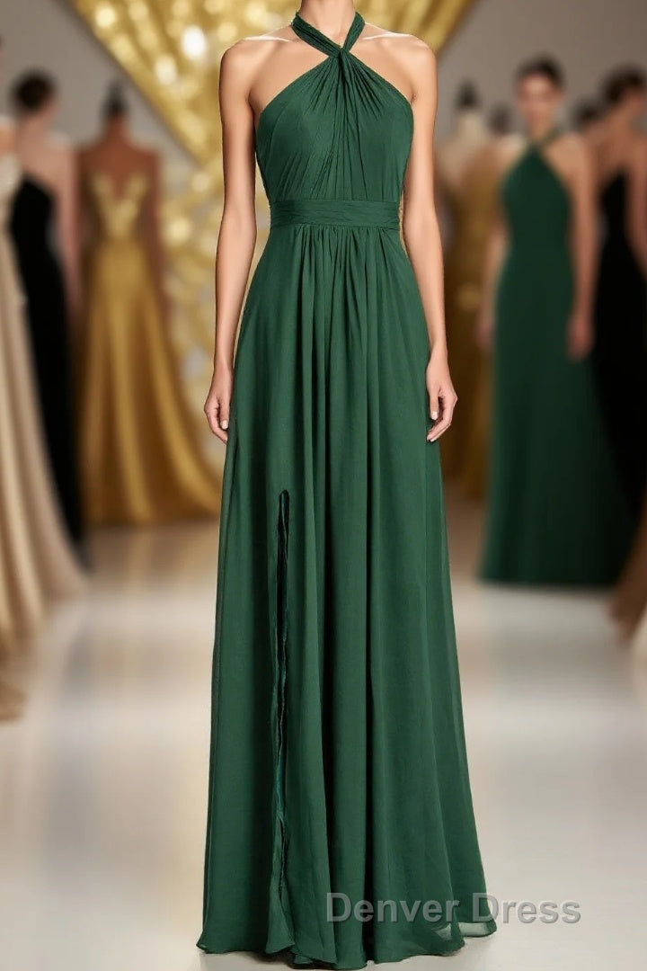 Halter Hunter Green Chiffon A-line Long Bridesmaid Dresses Main image
