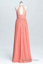 Halter Coral A Line Lace and Chiffon Long Bridesmaid Dresses