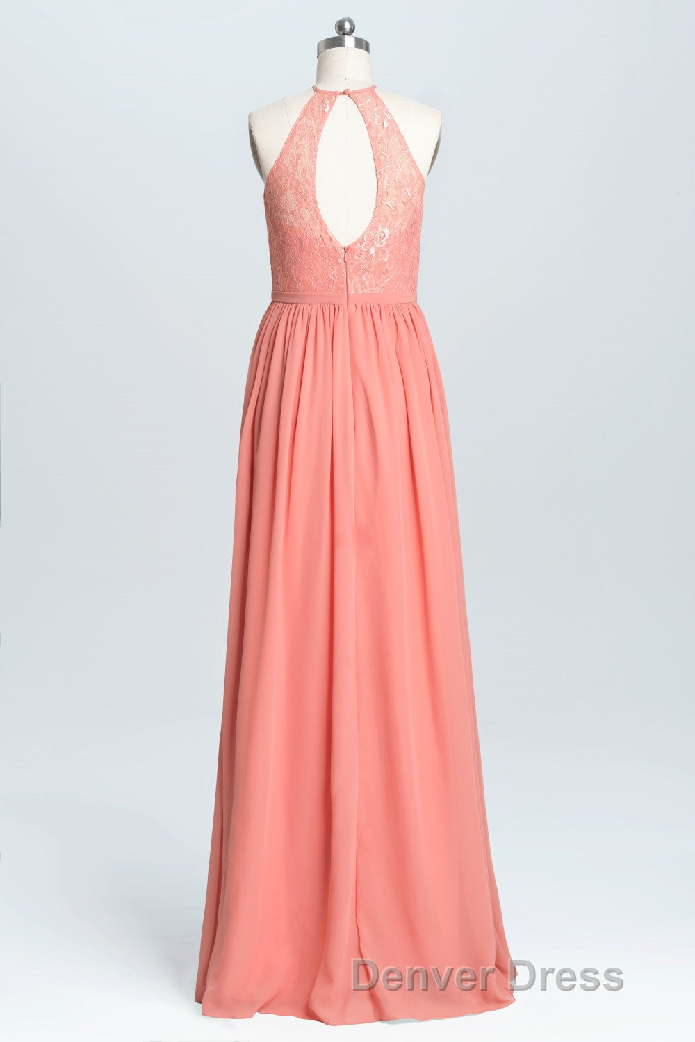Halter Coral A Line Lace and Chiffon Long Bridesmaid Dresses