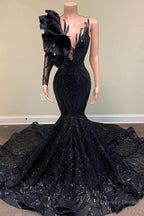 V Neck Flowers Mermaid Long Sleeves Prom Dresses
